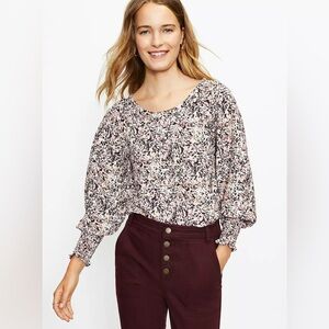 LOFT Peach Black Cream Abstract Print Long Sleeve Smocked Cuff Blouse Top Small